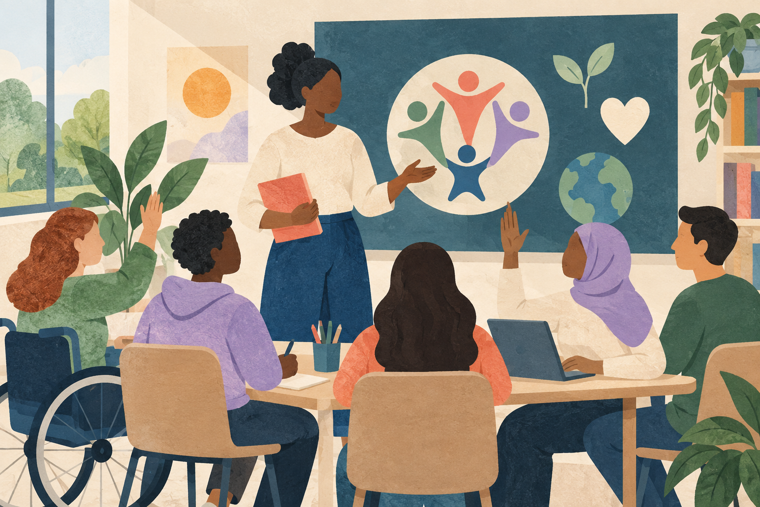 Ilustración editorial sobre prácticas docentes inclusivas.