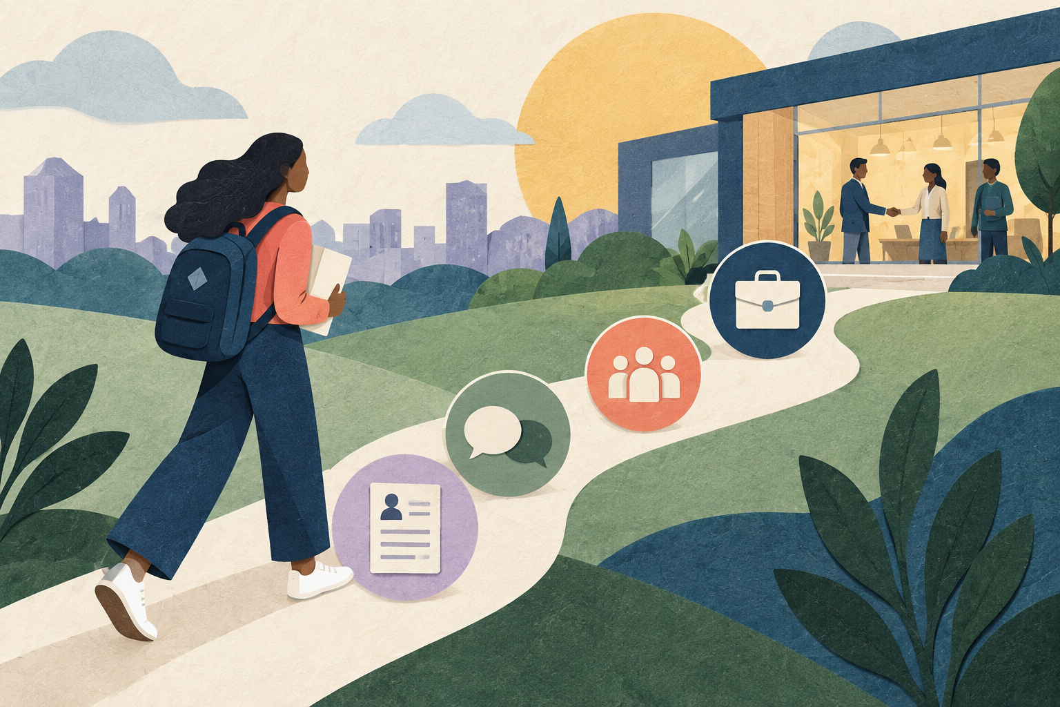 Ilustración editorial sobre orientación para las prácticas profesionales.