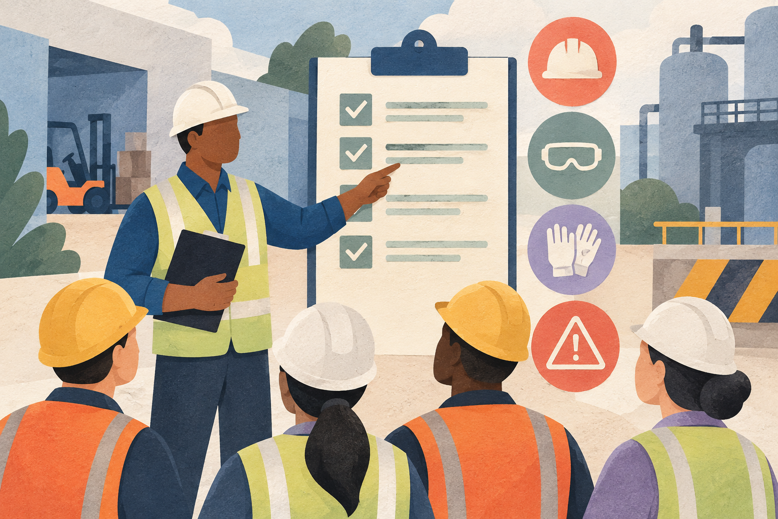 Ilustración editorial sobre prevención y seguridad en el trabajo.