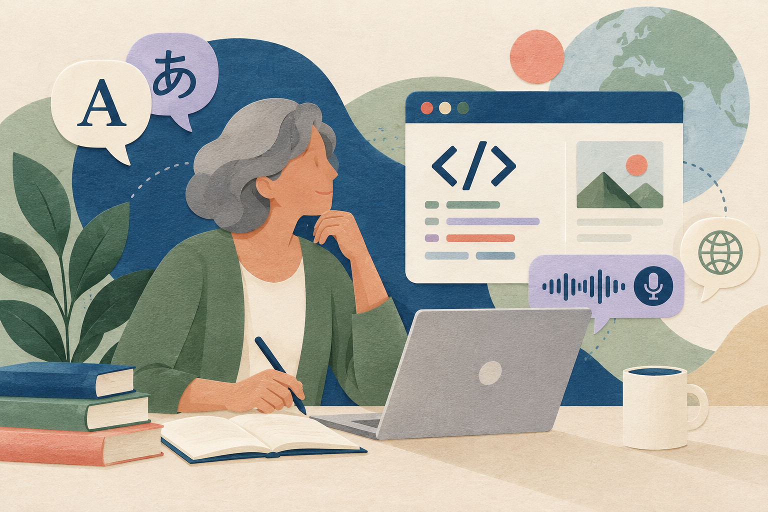 Ilustración editorial sobre programación web y aprendizaje de inglés técnico.