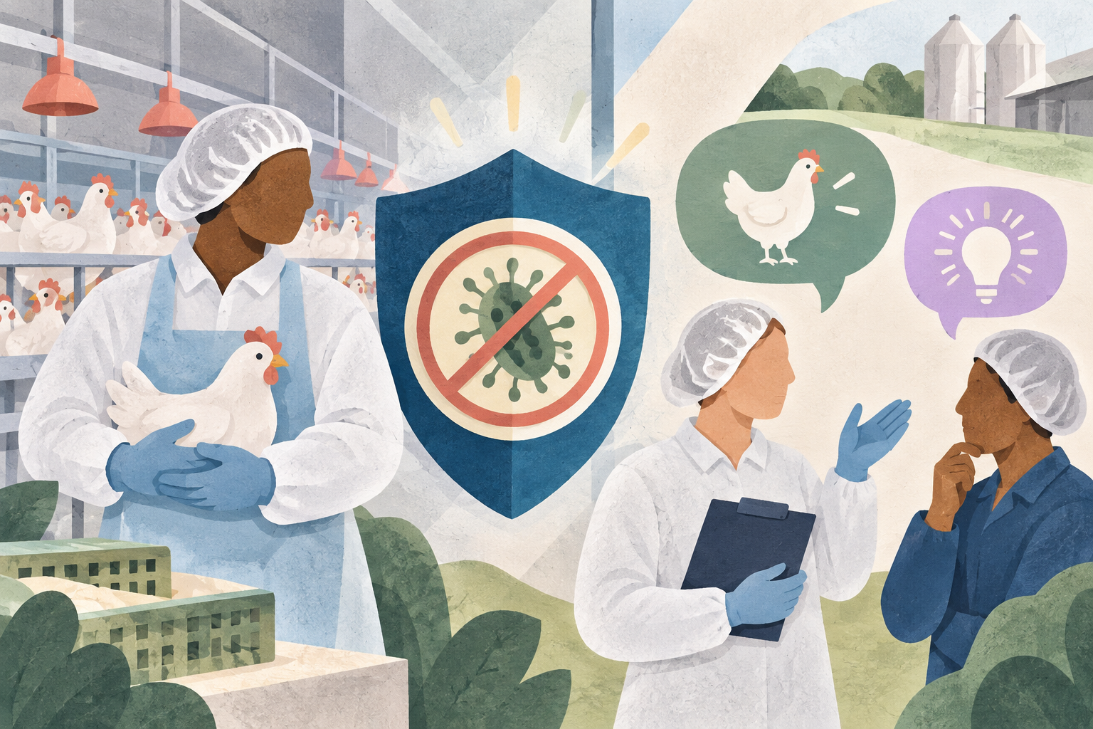 Ilustración editorial sobre inocuidad y salmonella en una operación avícola.