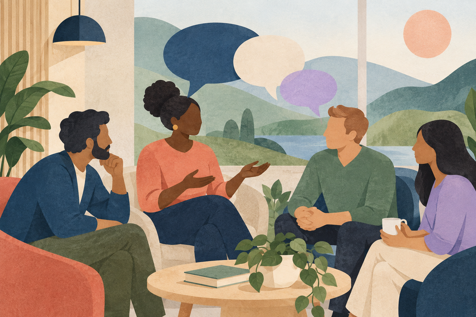 Ilustración editorial sobre conversación y salud mental en el trabajo.
